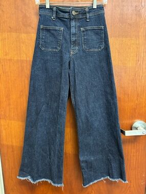 Zara Patch Pocket Wide Leg High Rise Dark Wash Jeans Raw Hem size 4